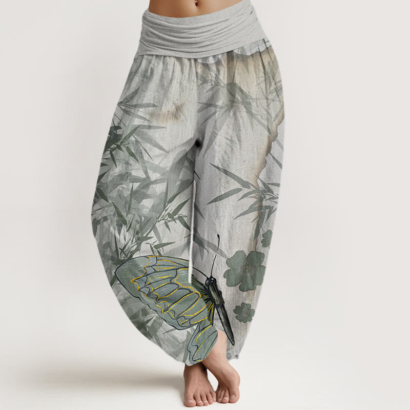 Buddha Stones Schmetterling Bambus Blumenmuster Damen Haremshose mit elastischer Taille - Hellgrau - US22， UK/AU26，EU54 (6XL) - image 1