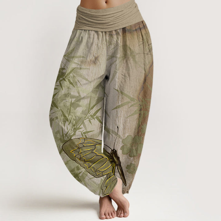 Buddha Stones Schmetterling Bambus Blumenmuster Damen Haremshose mit elastischer Taille - DunkelKhaki - US22， UK/AU26，EU54 (6XL) - image 5