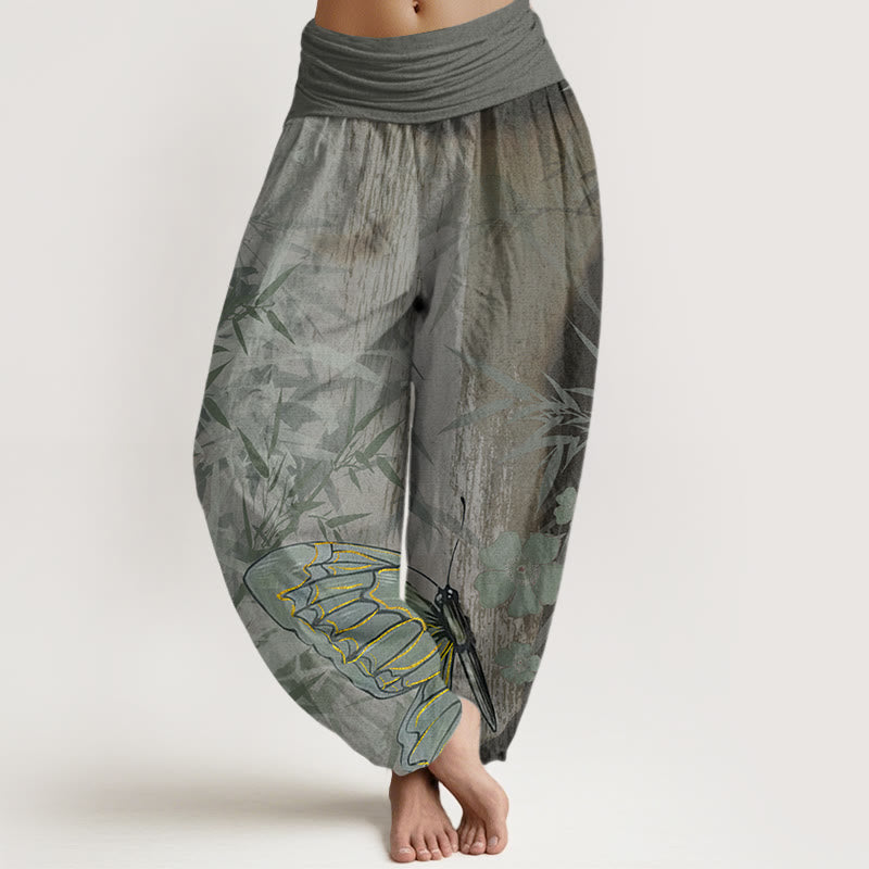 Buddha Stones Schmetterling Bambus Blumenmuster Damen Haremshose mit elastischer Taille - Dunkelgrau - US22， UK/AU26，EU54 (6XL) - image 8