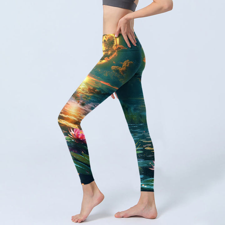 Buddha Stones, Vollmond, Lotusblumen, Blätter, Musterdruck, Gym-Leggings, Damen-Yogahose - image 2