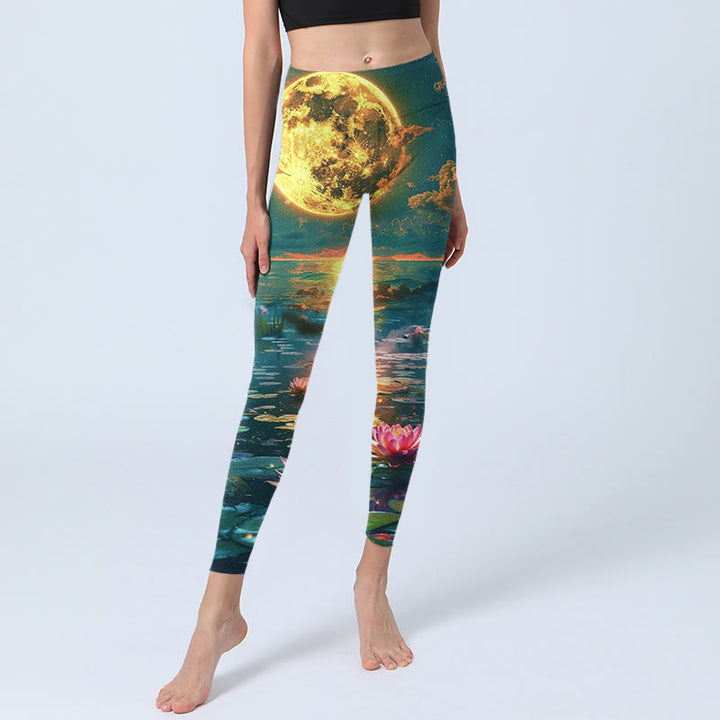 Buddha Stones, Vollmond, Lotusblumen, Blätter, Musterdruck, Gym-Leggings, Damen-Yogahose - image 6