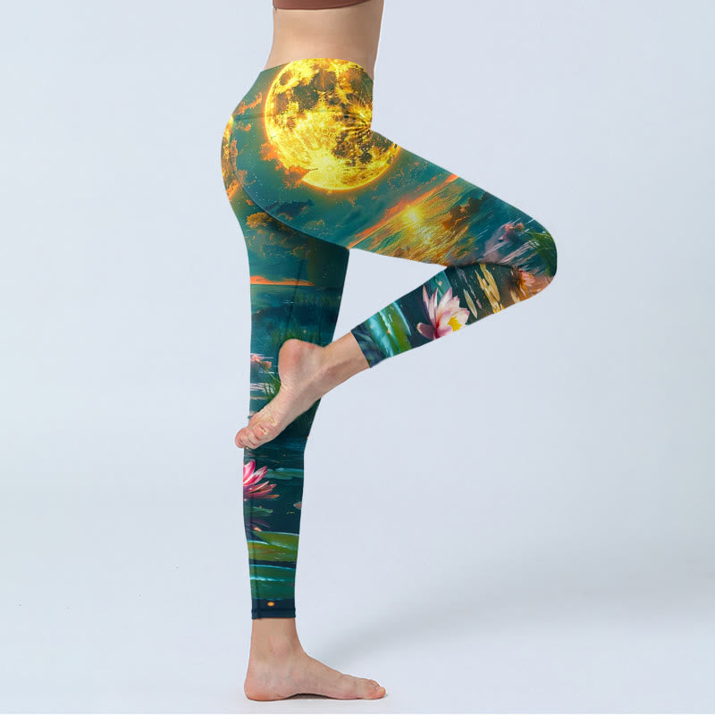 Buddha Stones, Vollmond, Lotusblumen, Blätter, Musterdruck, Gym-Leggings, Damen-Yogahose - image 3
