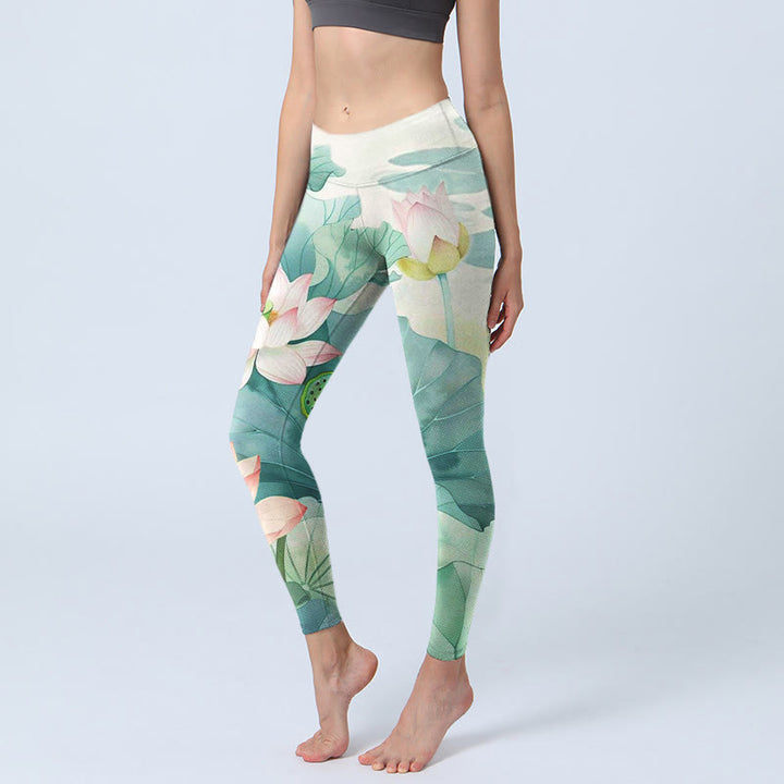 Buddha Stones, Lotusblüten, Blätter, Lotusschoten, Musterdruck, Gym-Leggings, Damen-Yogahose - Minzcreme - US18, UK/AU22, EU50 (4XL) - image 0