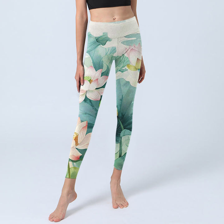 Buddha Stones, Lotusblüten, Blätter, Lotusschoten, Musterdruck, Gym-Leggings, Damen-Yogahose - image 5