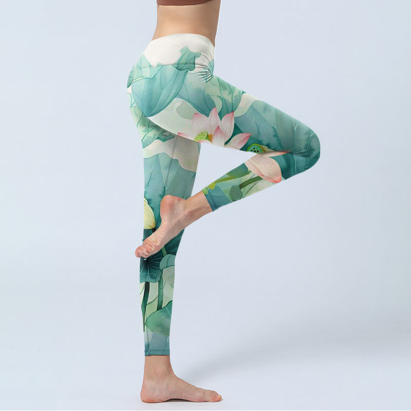 Buddha Stones, Lotusblüten, Blätter, Lotusschoten, Musterdruck, Gym-Leggings, Damen-Yogahose - image 5