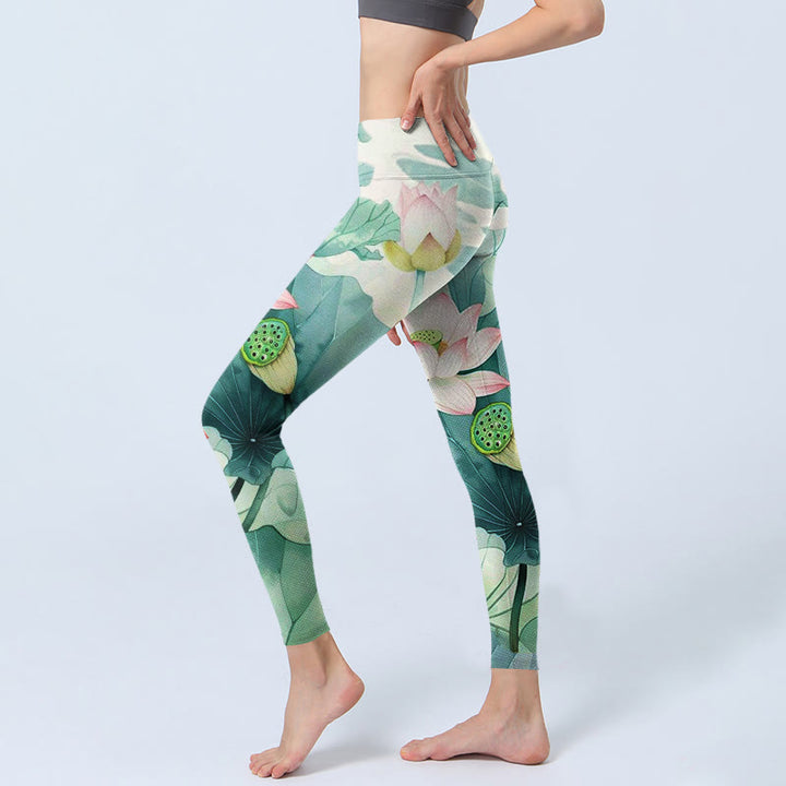 Buddha Stones, Lotusblüten, Blätter, Lotusschoten, Musterdruck, Gym-Leggings, Damen-Yogahose - image 2