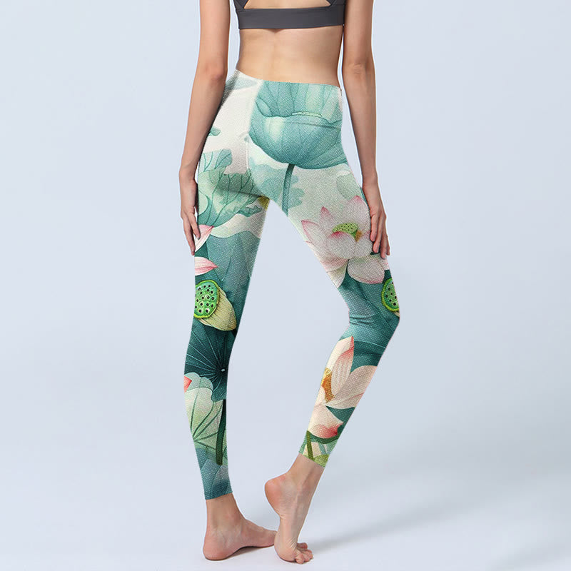 Buddha Stones, Lotusblüten, Blätter, Lotusschoten, Musterdruck, Gym-Leggings, Damen-Yogahose - image 3