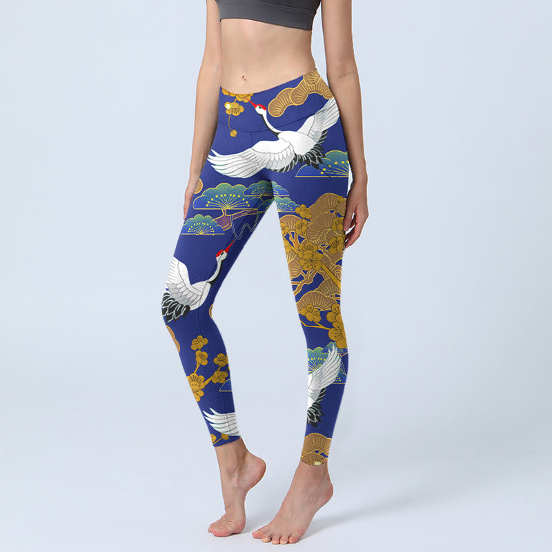 Buddha Stones, fliegender Mandschurenkranich, Kiefernbaum, Blumenmuster, Druck, Gym-Leggings, Damen-Yogahose - Mittelblau - US18, UK/AU22, EU50 (4XL) - image 0