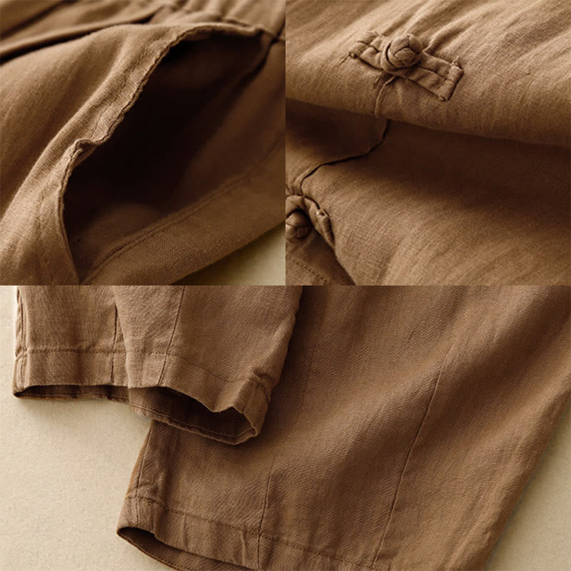 Buddha Stones Lässige, schlichte Haremshose mit Froschknopf-Design, Länge 7–8, Baumwolle und Leinen, für Damen, mit Taschen - image 2