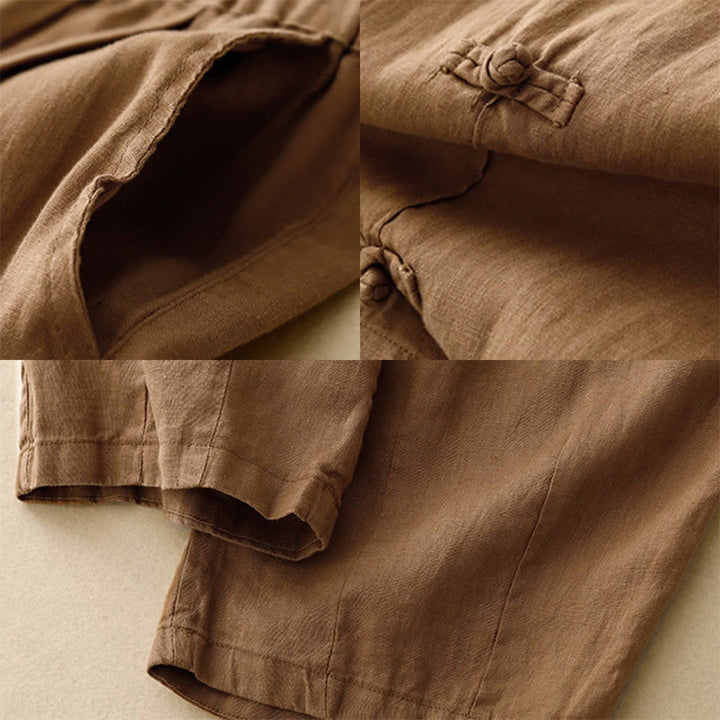 Buddha Stones Lässige, schlichte Haremshose mit Froschknopf-Design, Länge 7–8, Baumwolle und Leinen, für Damen, mit Taschen - image 2