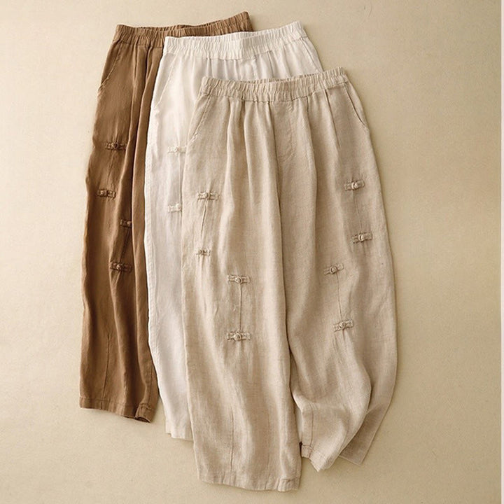 Buddha Stones Lässige, schlichte Haremshose mit Froschknopf-Design, Länge 7–8, Baumwolle und Leinen, für Damen, mit Taschen - image 17