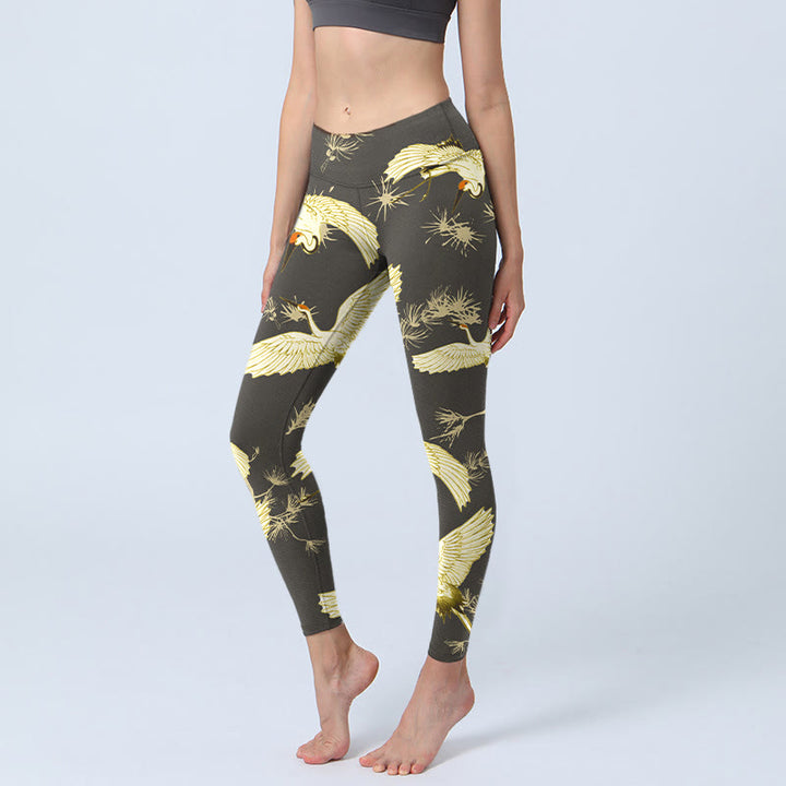 Buddha Stones, fliegender Mandschurenkranich, Zweig, Kiefernnadeln, Musterdruck, Gym-Leggings für Damen, Yoga-Hose - Schwarz - US18, UK/AU22, EU50 (4XL) - image 0