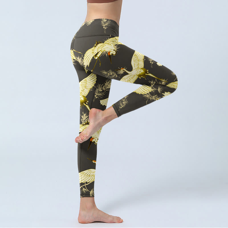 Buddha Stones, fliegender Mandschurenkranich, Zweig, Kiefernnadeln, Musterdruck, Gym-Leggings für Damen, Yoga-Hose - image 3