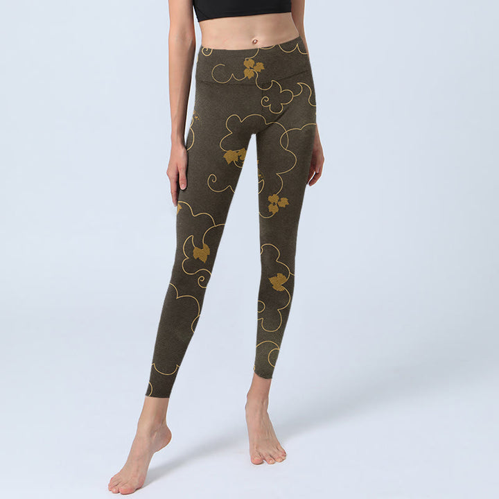 Buddha Stones Glückverheißende Wolke Ahornblatt Musterdruck Gym Leggings Damen Yogahose