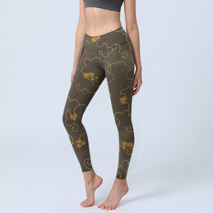 Buddha Stones Glückverheißende Wolke Ahornblatt Musterdruck Gym Leggings Damen Yogahose