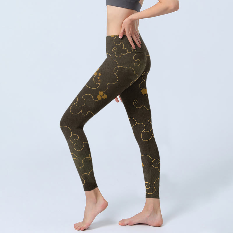 Buddha Stones Glückverheißende Wolke Ahornblatt Musterdruck Gym Leggings Damen Yogahose