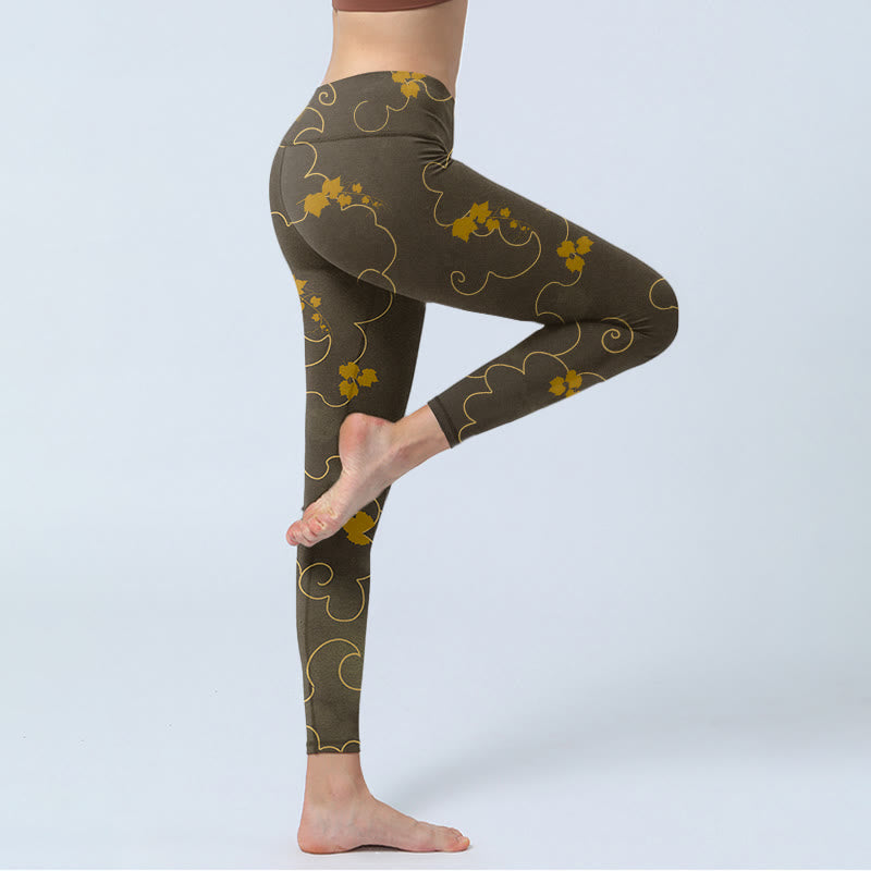Buddha Stones Glückverheißende Wolke Ahornblatt Musterdruck Gym Leggings Damen Yogahose