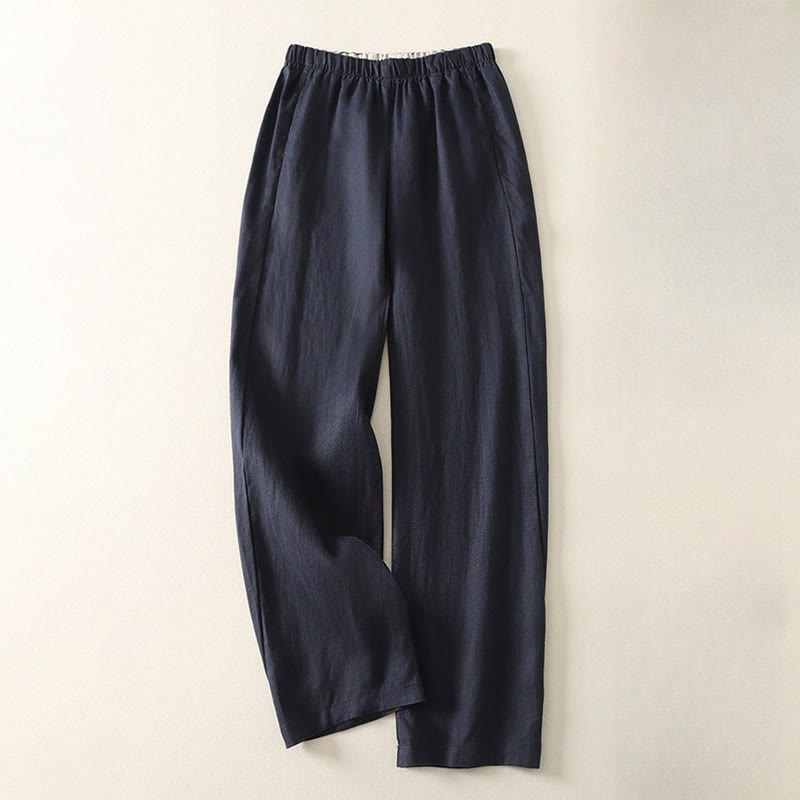 Buddha Stones Daily Plain Simple Design Baumwoll-Leinen-Damenhose mit Taschen
