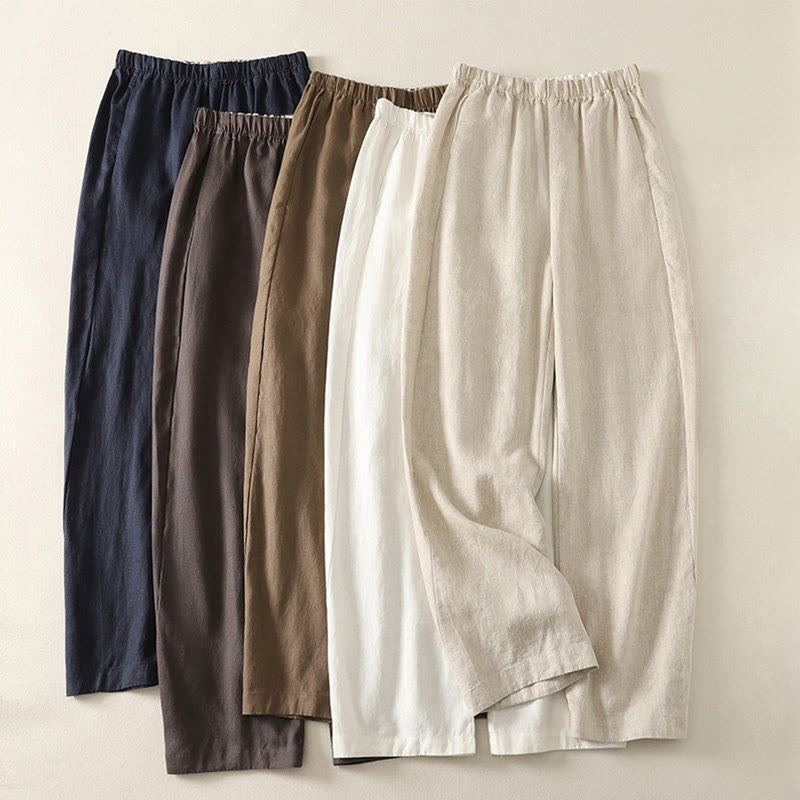 Buddha Stones Daily Plain Simple Design Baumwoll-Leinen-Damenhose mit Taschen