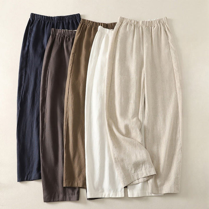 Buddha Stones Daily Plain Simple Design Baumwoll-Leinen-Damenhose mit Taschen