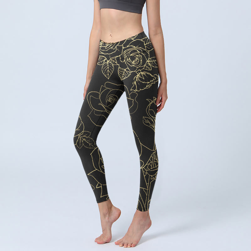 Buddha Stones, Rosenblütenblätter, goldene Linien, Musterdruck, Gym-Leggings für Damen, Yoga-Hose - Schwarz - US18， UK/AU22，EU50 (4XL) - image 1