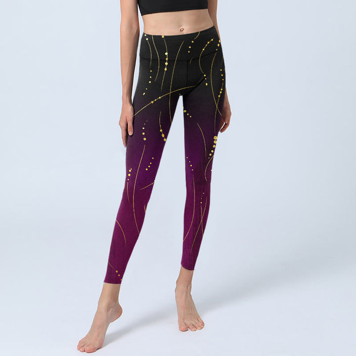 Buddha Stones Abstrakter Farbverlauf Dünne und lange Goldlinien-Musterdruck-Gym-Leggings für Damen-Yogahosen - image 6