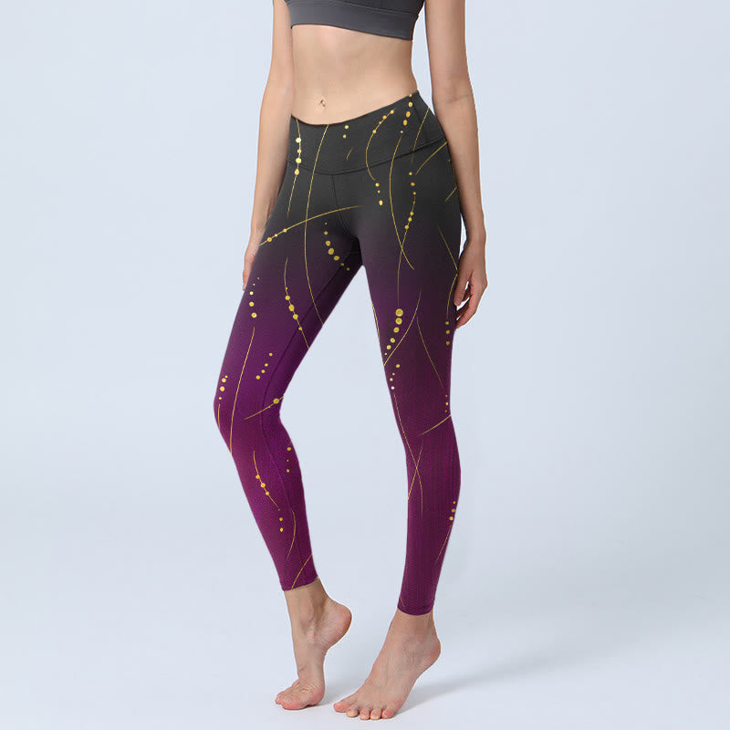 Buddha Stones Abstrakter Farbverlauf Dünne und lange Goldlinien-Musterdruck-Gym-Leggings für Damen-Yogahosen - Lila - US18， UK/AU22，EU50 (4XL) - image 1