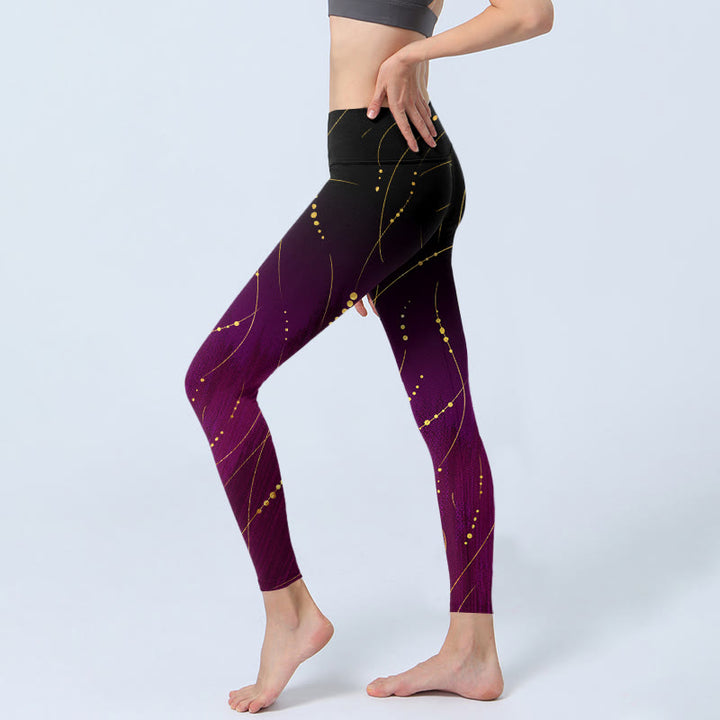 Buddha Stones Abstrakter Farbverlauf Dünne und lange Goldlinien-Musterdruck-Gym-Leggings für Damen-Yogahosen - image 3