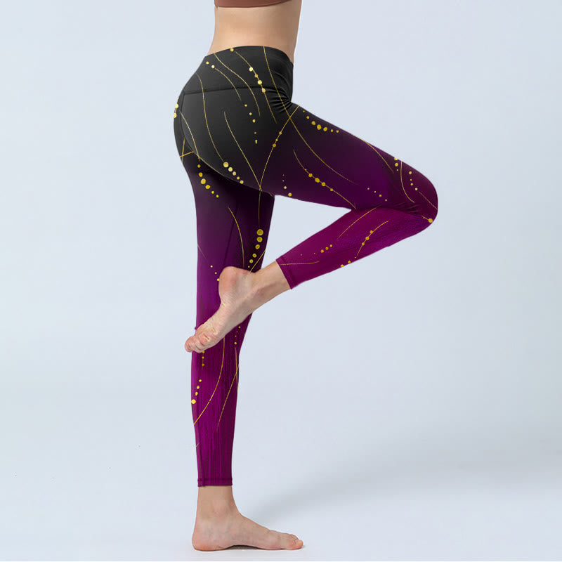 Buddha Stones Abstrakter Farbverlauf Dünne und lange Goldlinien-Musterdruck-Gym-Leggings für Damen-Yogahosen - image 4