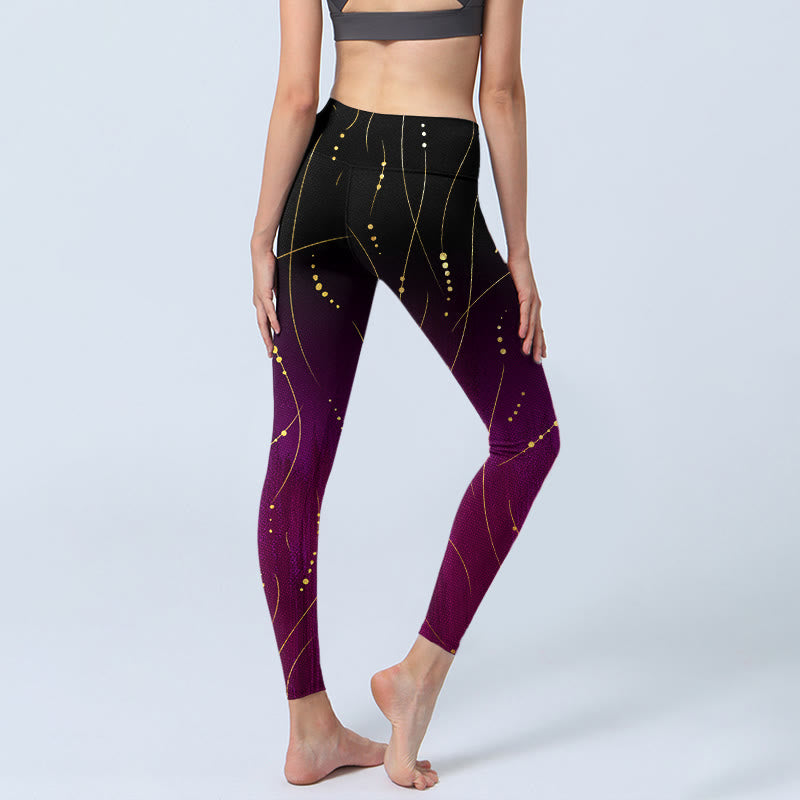 Buddha Stones Abstrakter Farbverlauf Dünne und lange Goldlinien-Musterdruck-Gym-Leggings für Damen-Yogahosen - image 4