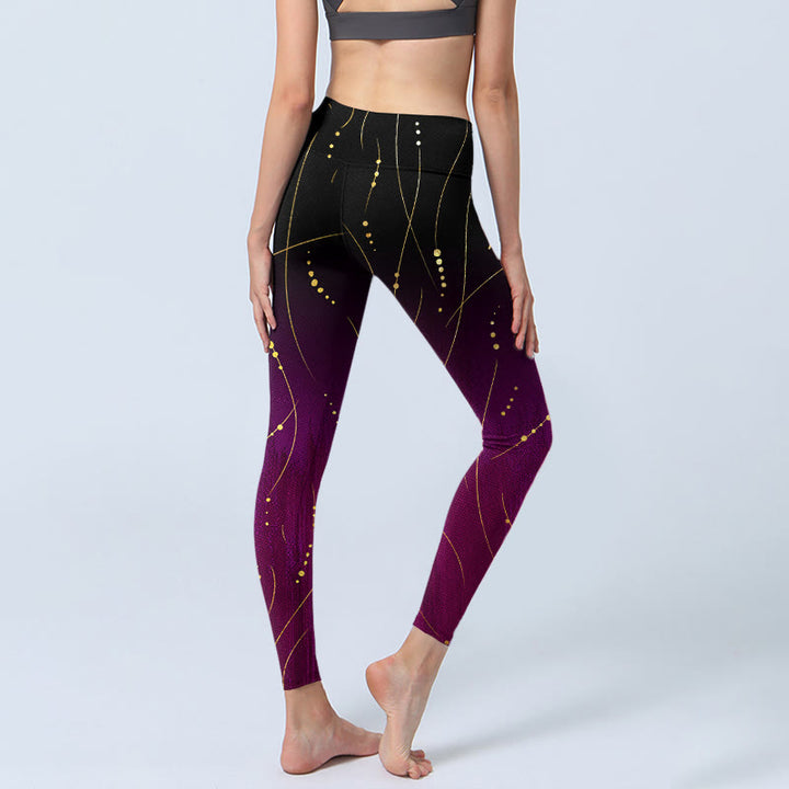 Buddha Stones Abstrakter Farbverlauf Dünne und lange Goldlinien-Musterdruck-Gym-Leggings für Damen-Yogahosen - image 4
