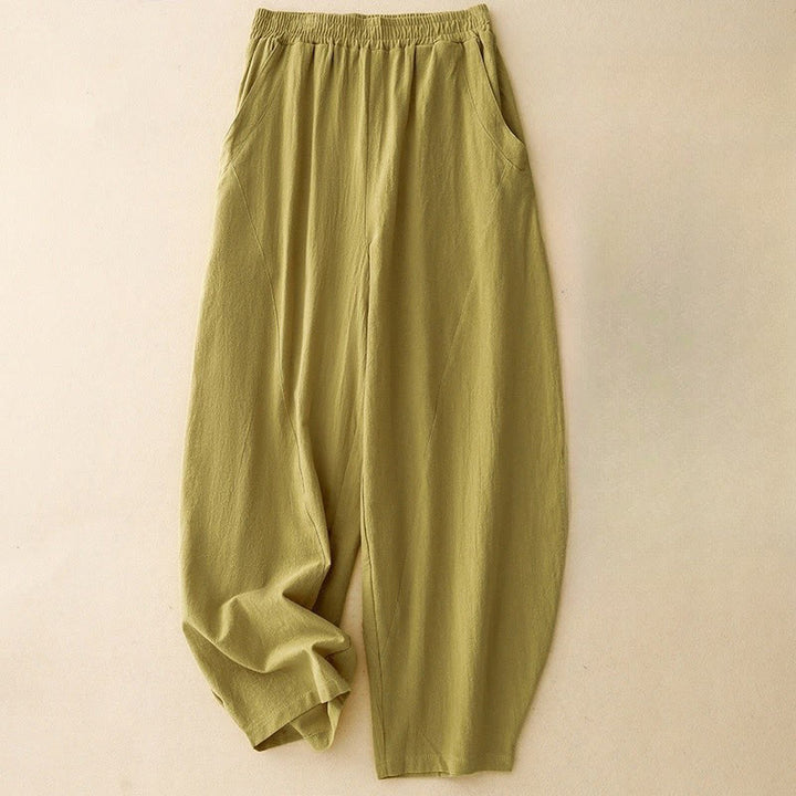 Buddha Stones Daily Plain Elastischer Bund Baumwollleinen Damenhose mit Taschen