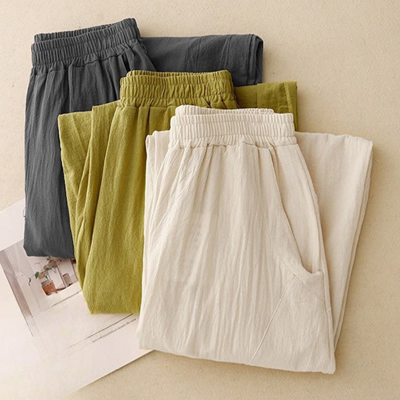 Buddha Stones Daily Plain Elastischer Bund Baumwollleinen Damenhose mit Taschen