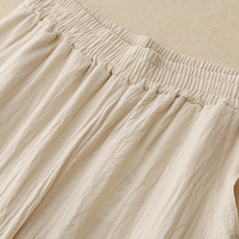 Buddha Stones Daily Plain Elastischer Bund Baumwollleinen Damenhose mit Taschen