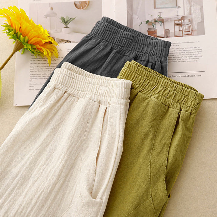 Buddha Stones Daily Plain Elastischer Bund Baumwollleinen Damenhose mit Taschen