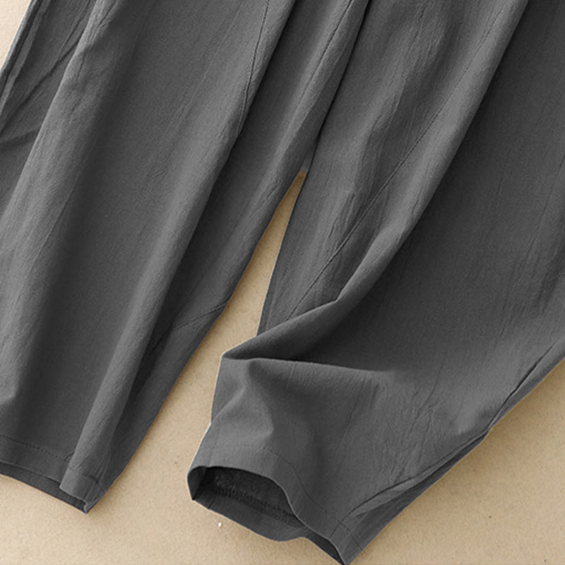 Buddha Stones Daily Plain Elastischer Bund Baumwollleinen Damenhose mit Taschen