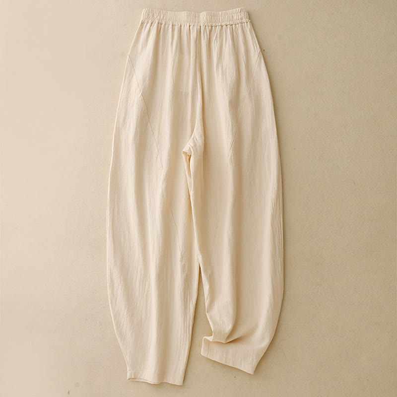 Buddha Stones Daily Plain Elastischer Bund Baumwollleinen Damenhose mit Taschen