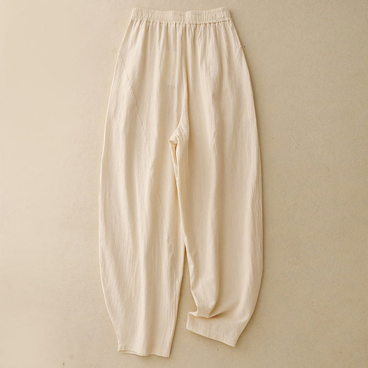 Buddha Stones Daily Plain Elastischer Bund Baumwollleinen Damenhose mit Taschen
