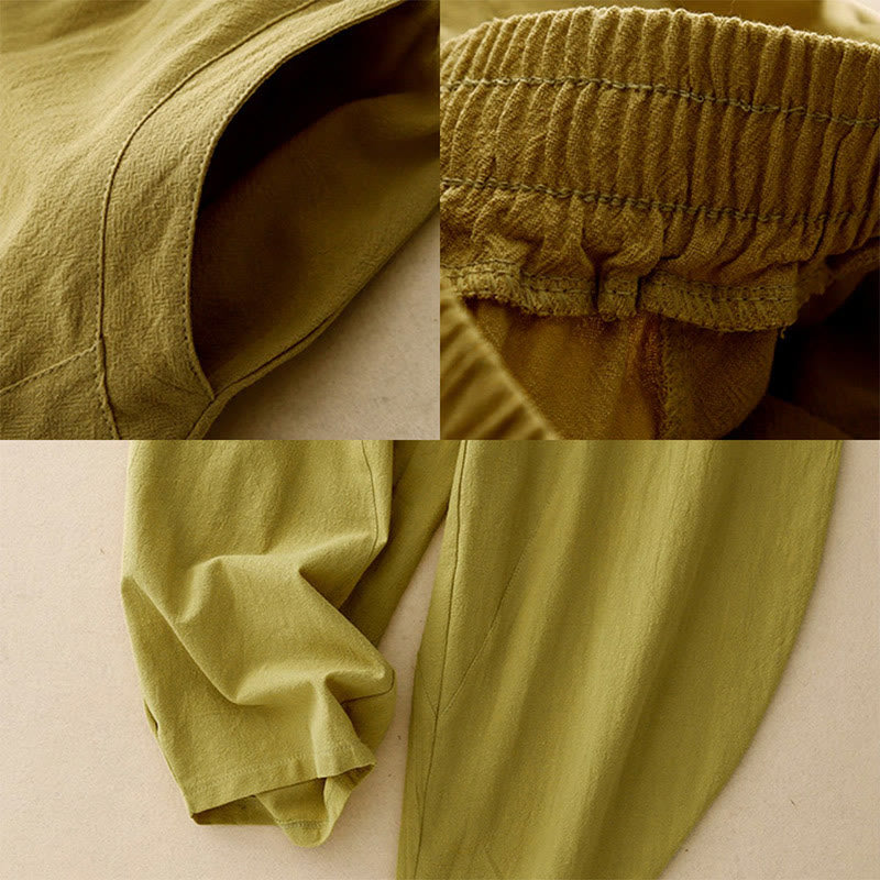 Buddha Stones Daily Plain Elastischer Bund Baumwollleinen Damenhose mit Taschen - image 2