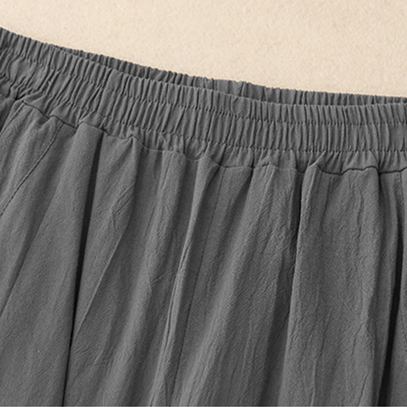 Buddha Stones Daily Plain Elastischer Bund Baumwollleinen Damenhose mit Taschen