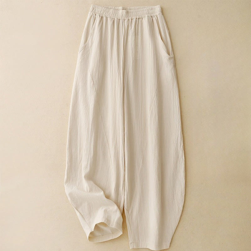 Buddha Stones Daily Plain Elastischer Bund Baumwollleinen Damenhose mit Taschen