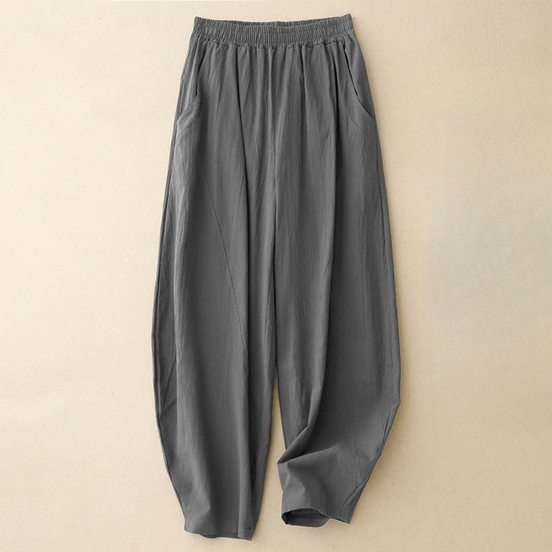 Buddha Stones Daily Plain Elastischer Bund Baumwollleinen Damenhose mit Taschen