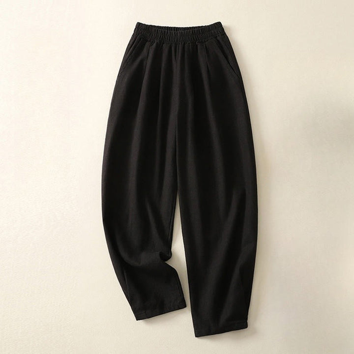 Buddha Stones Vielseitige, lässige, einfarbige Damenhose aus Baumwollleinen mit elastischem Bund und Taschen