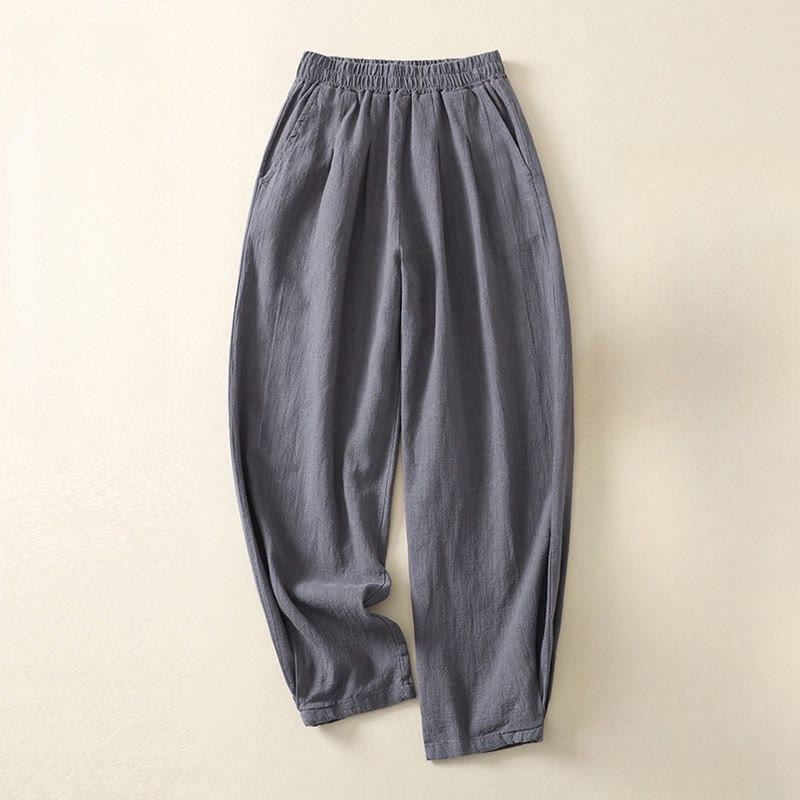 Buddha Stones Vielseitige, lässige, einfarbige Damenhose aus Baumwollleinen mit elastischem Bund und Taschen
