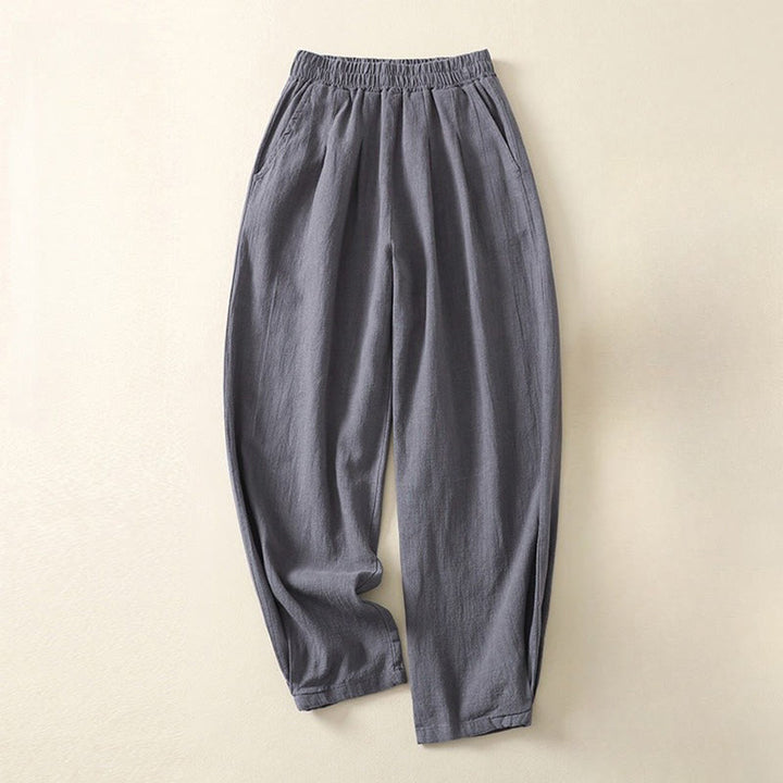 Buddha Stones Vielseitige, lässige, einfarbige Damenhose aus Baumwollleinen mit elastischem Bund und Taschen