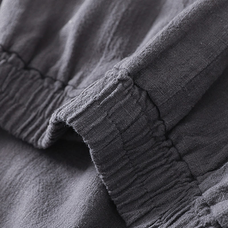 Buddha Stones Vielseitige, lässige, einfarbige Damenhose aus Baumwollleinen mit elastischem Bund und Taschen