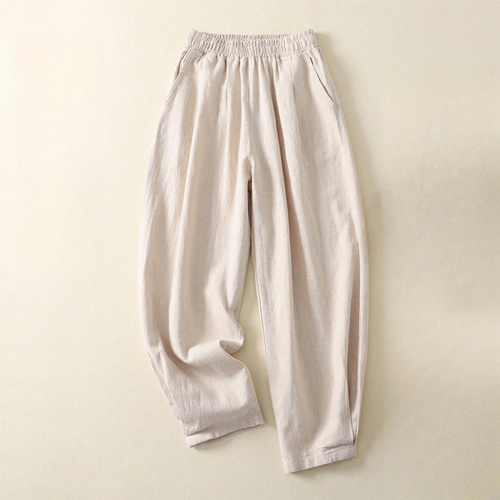 Buddha Stones Commute Damenhose aus Baumwolle und Leinen mit Taschen, einfarbig, elastischer Bund - Beige - US8-10， UK/AU12-14，EU40-42 (2XL) - image 0