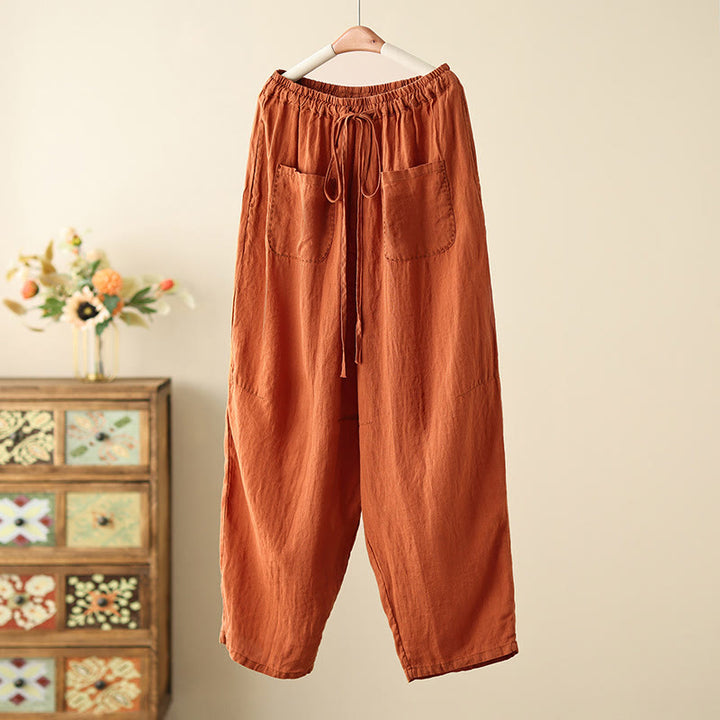 Buddha Stones Lässige, schlichte Damenhose mit weitem Bein und Faltendesign, Kordelzug, Länge 9, Baumwolle und Leinen, mit Taschen