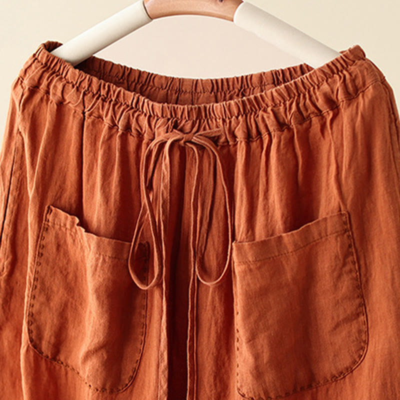 Buddha Stones Lässige, schlichte Damenhose mit weitem Bein und Faltendesign, Kordelzug, Länge 9, Baumwolle und Leinen, mit Taschen