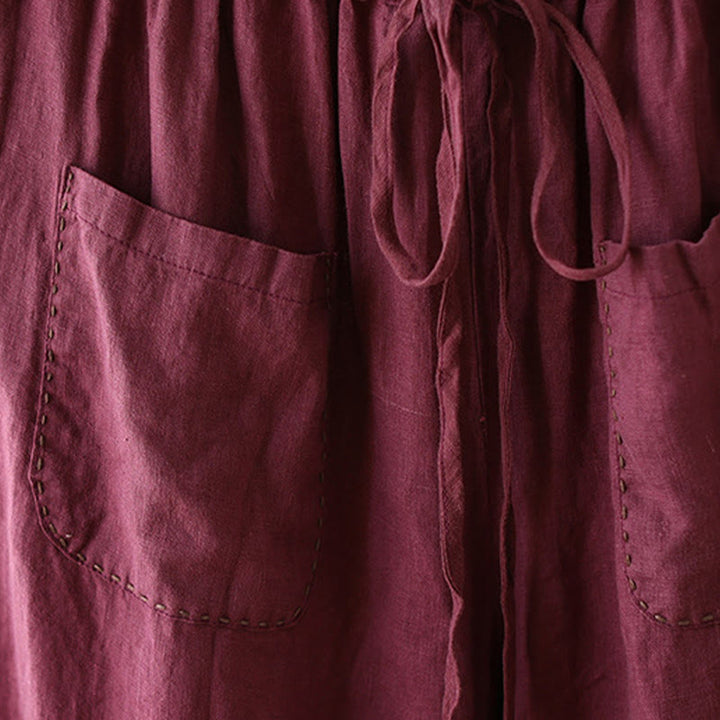 Buddha Stones Lässige, schlichte Damenhose mit weitem Bein und Faltendesign, Kordelzug, Länge 9, Baumwolle und Leinen, mit Taschen